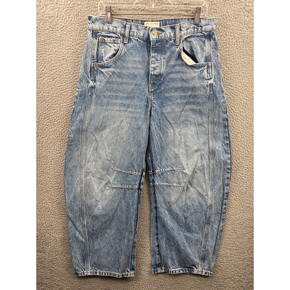 We The Free Good Luck Barrel Jeans Women 29 Blue Denim Button Fly Knee Seam